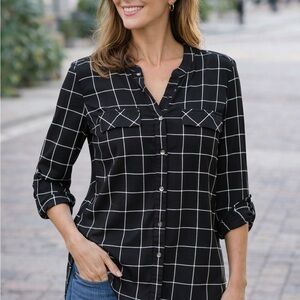 Adrienne Vittadini Black and White Grid Button Down Shirt